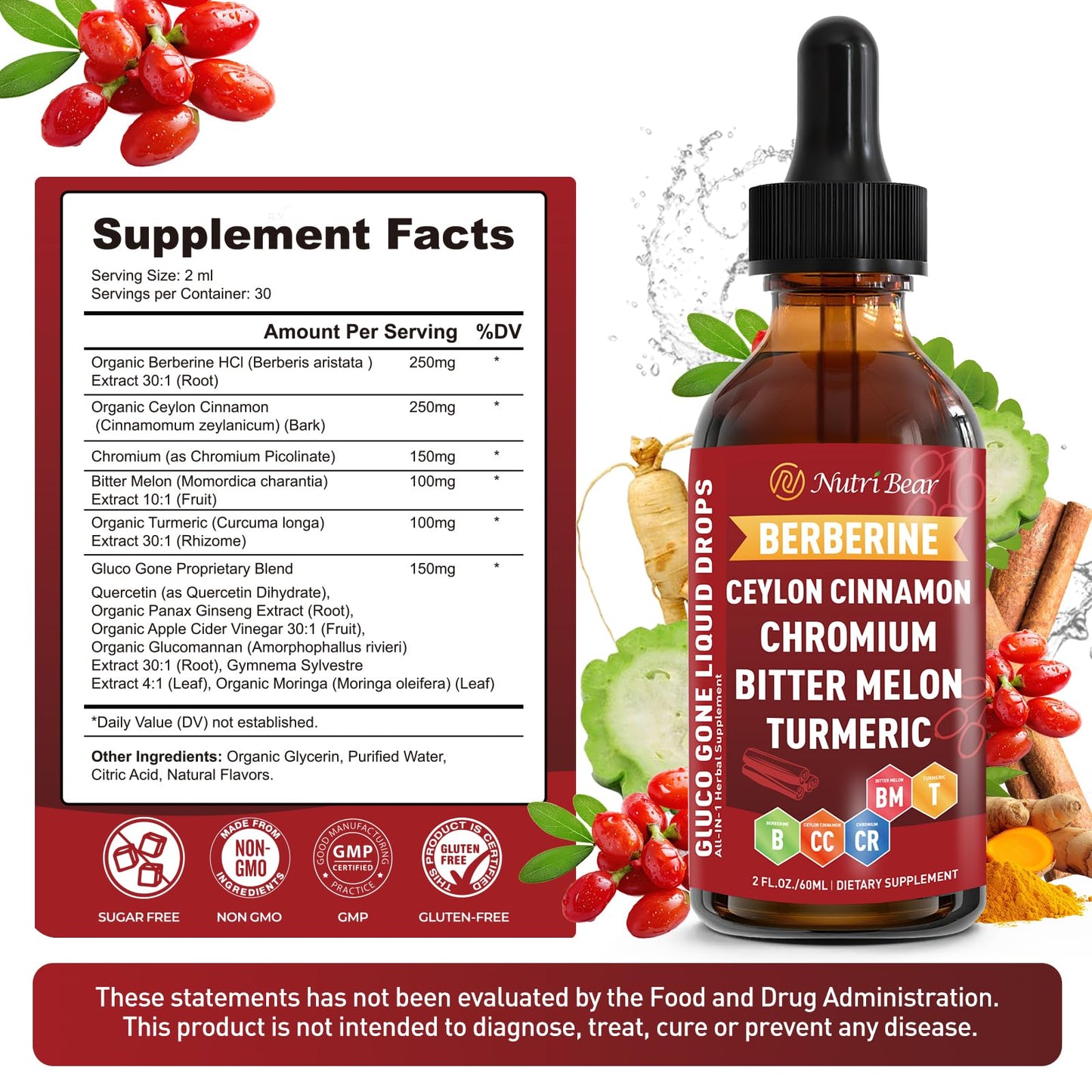 Berberine with Ceylon Cinnamon Liquid Drops – Immune & Digestive Support (2 fl oz)