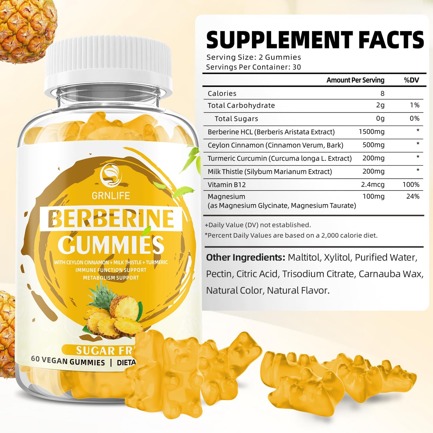 Berberine Gummies with Ceylon Cinnamon 1500mg | Immune & Metabolism Support | Sugar Free Pineapple 60 Count