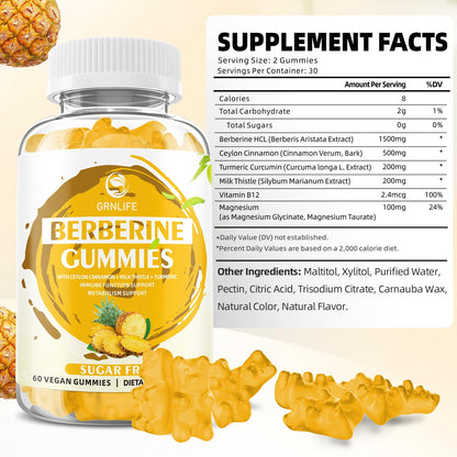 Berberine Gummies with Ceylon Cinnamon 1500mg | Immune & Metabolism Support | Sugar Free Pineapple 60 Count