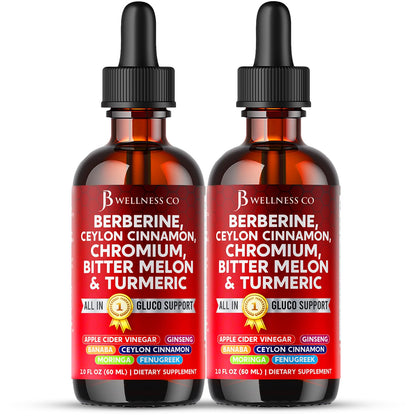 Berberine with Ceylon Cinnamon Liquid Drops – Bitter Melon, Gymnema, Glucomannan, Chromium, Turmeric, Ginseng, Moringa (4 OZ)
