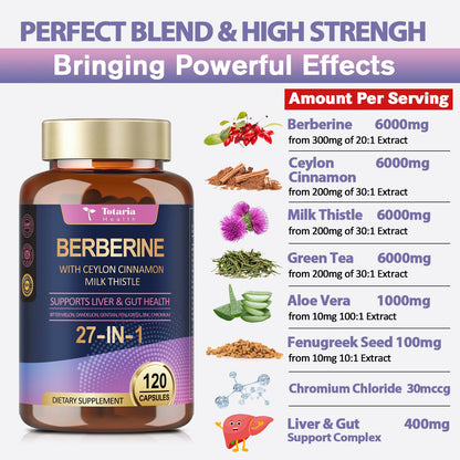 Berberine Supplement with Ceylon Cinnamon & Milk Thistle | GLP-1 Activate Natural Formula - 120 Vegan Caps