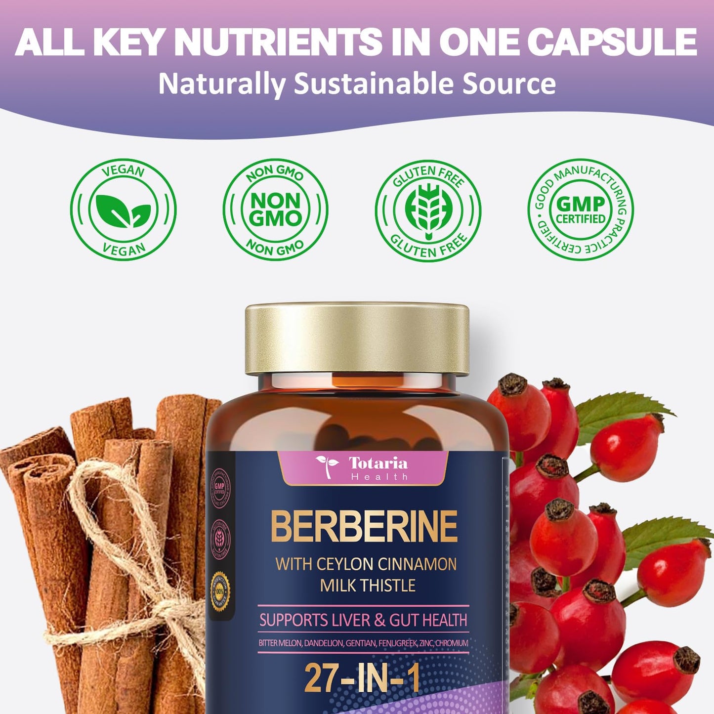 Berberine Supplement with Ceylon Cinnamon & Milk Thistle | GLP-1 Activate Natural Formula - 120 Vegan Caps