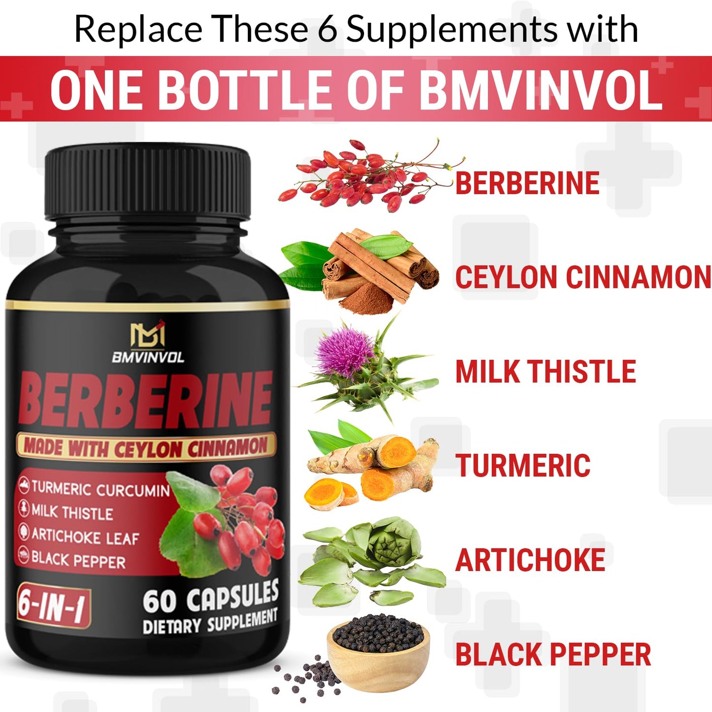 (3 Packs) Berberine Supplement Plus Ceylon Cinnamon, Milk Thistle, Turmeric, Artichoke Leaf, Black Pepper - 6 Month Supply