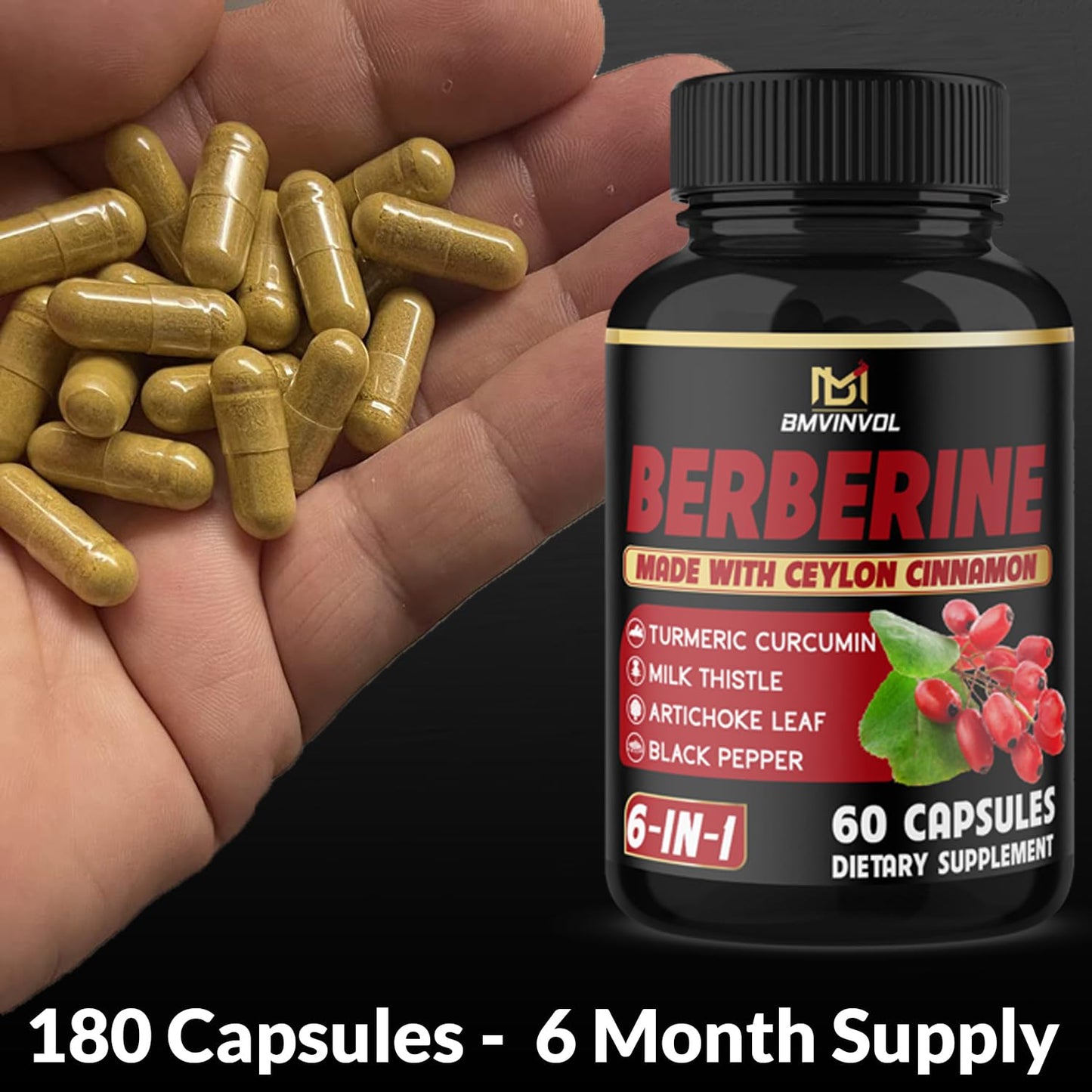 (3 Packs) Berberine Supplement Plus Ceylon Cinnamon, Milk Thistle, Turmeric, Artichoke Leaf, Black Pepper - 6 Month Supply