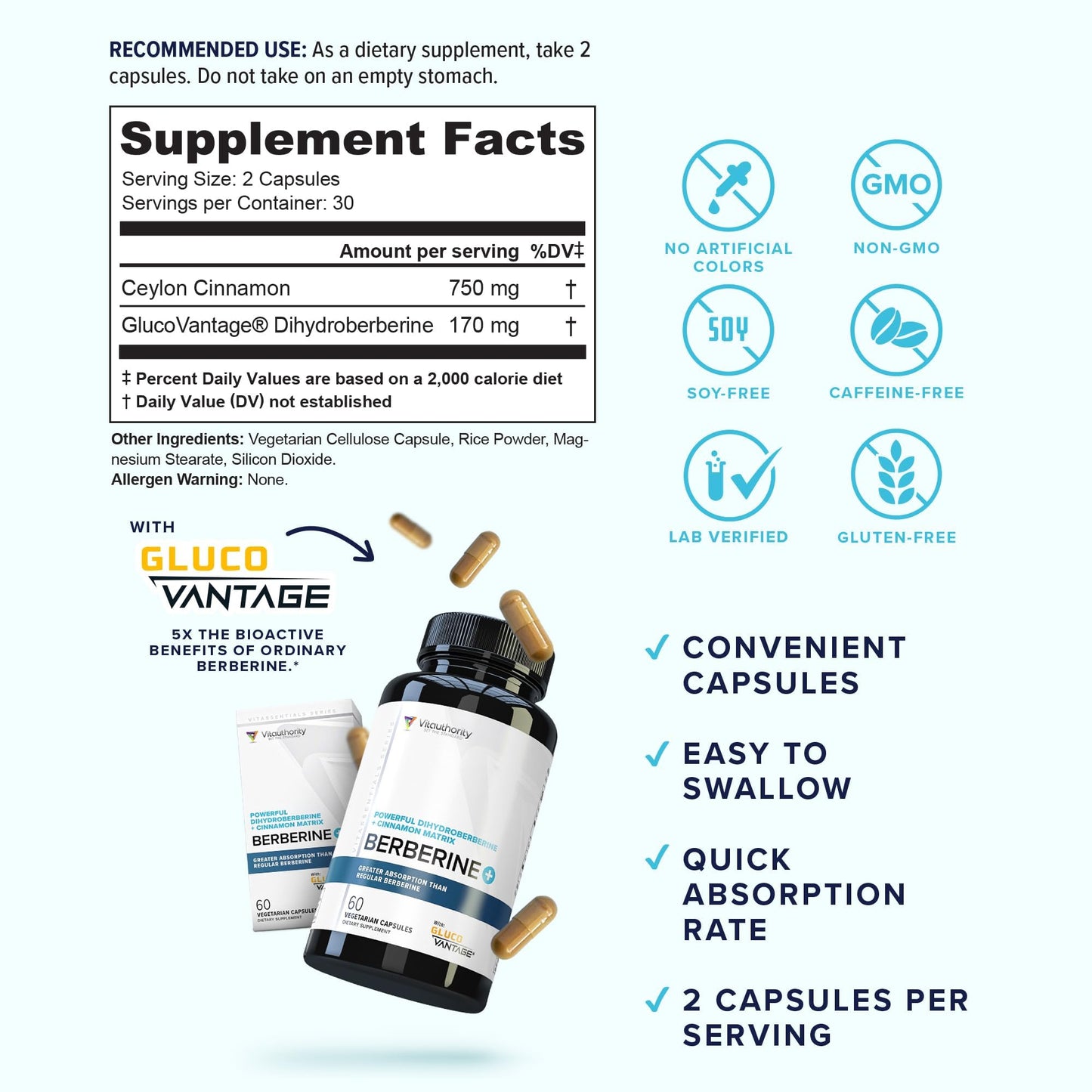 Berberine Ceylon Cinnamon Capsules | High Absorption Dihydroberberine | Vegan & Gluten Free | 30 Servings
