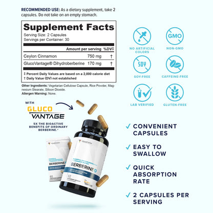 Berberine Ceylon Cinnamon Capsules | High Absorption Dihydroberberine | Vegan & Gluten Free | 30 Servings