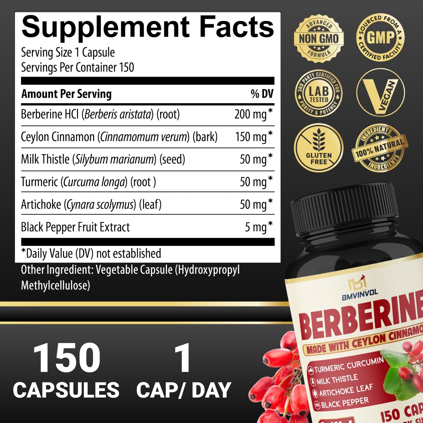 Berberine with Ceylon Cinnamon, Turmeric, Milk Thistle, Artichoke & Black Pepper - 150 Count