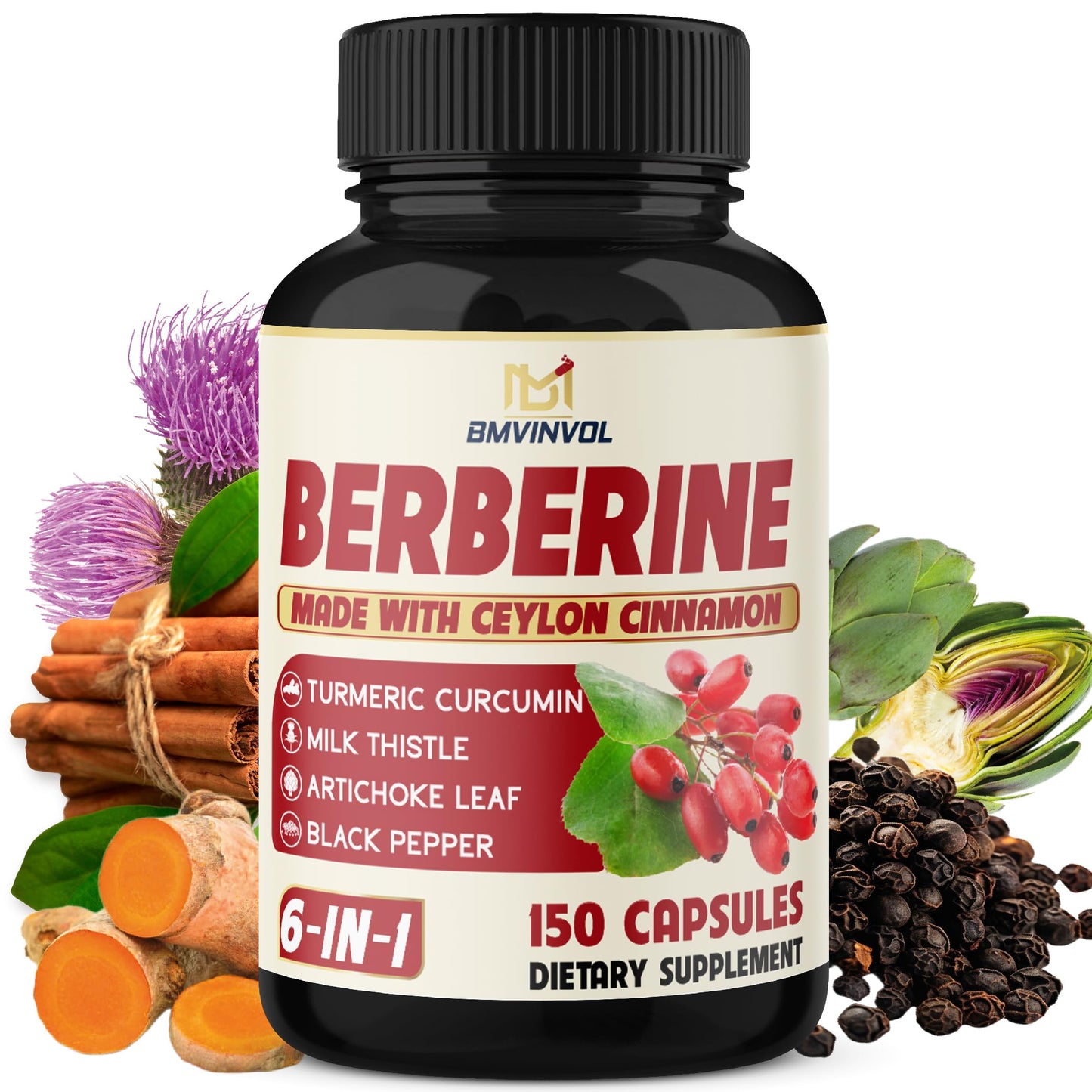 Berberine with Ceylon Cinnamon, Turmeric, Milk Thistle, Artichoke & Black Pepper - 150 Count