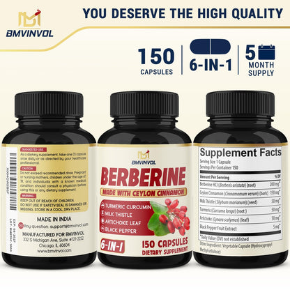 Berberine with Ceylon Cinnamon, Turmeric, Milk Thistle, Artichoke & Black Pepper - 150 Count