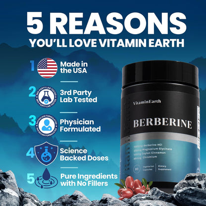 Vitamin Earth Berberine Complex – 1000mg Berberine HCl + Magnesium, Cinnamon, Chromium | 90 Capsules
