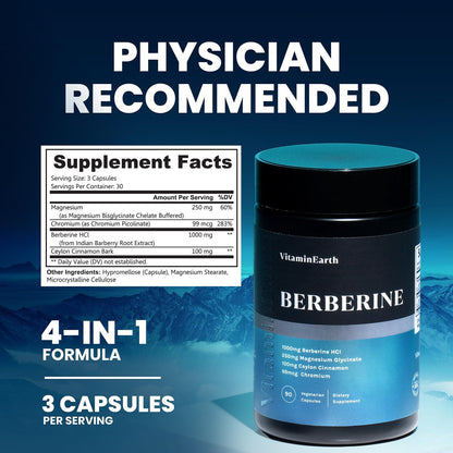 Vitamin Earth Berberine Complex – 1000mg Berberine HCl + Magnesium, Cinnamon, Chromium | 90 Capsules