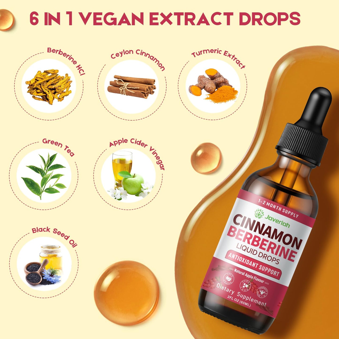 Berberine Drops with Ceylon Cinnamon & Turmeric – Vegan HCl Liquid Drops – 4 FL OZ (2 Pack)
