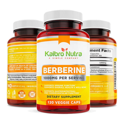 Kaibro Nutra Berberine 1000mg Supplement – Immune, Glucose & Circulatory Health | Vegan & Gluten-Free, 120 Capsules