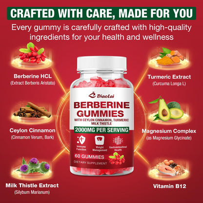 Berberine Gummies 2000mg HCL – Vegan, Non-GMO, Gluten-Free | Raspberry 120 Count