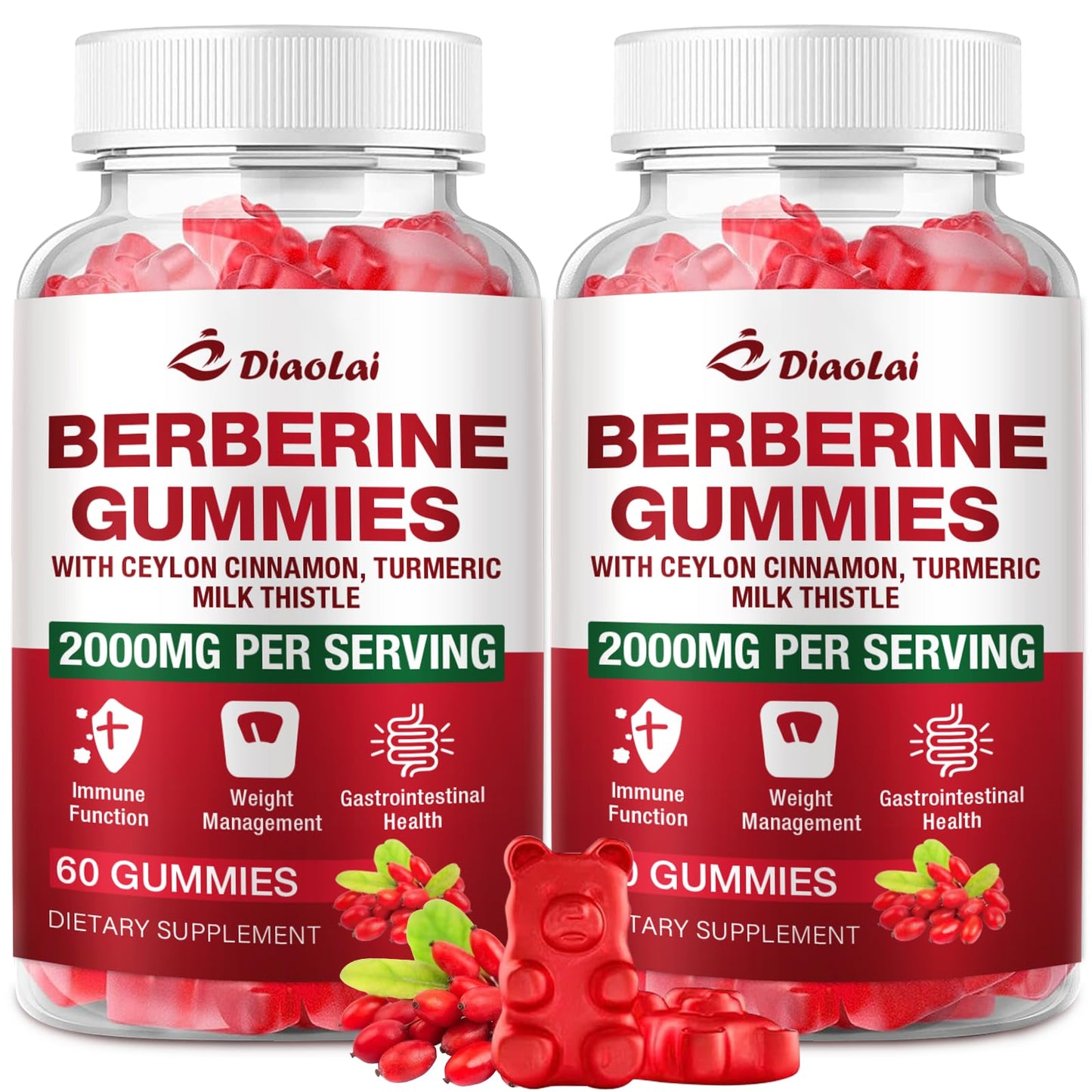 Berberine Gummies 2000mg HCL – Vegan, Non-GMO, Gluten-Free | Raspberry 120 Count