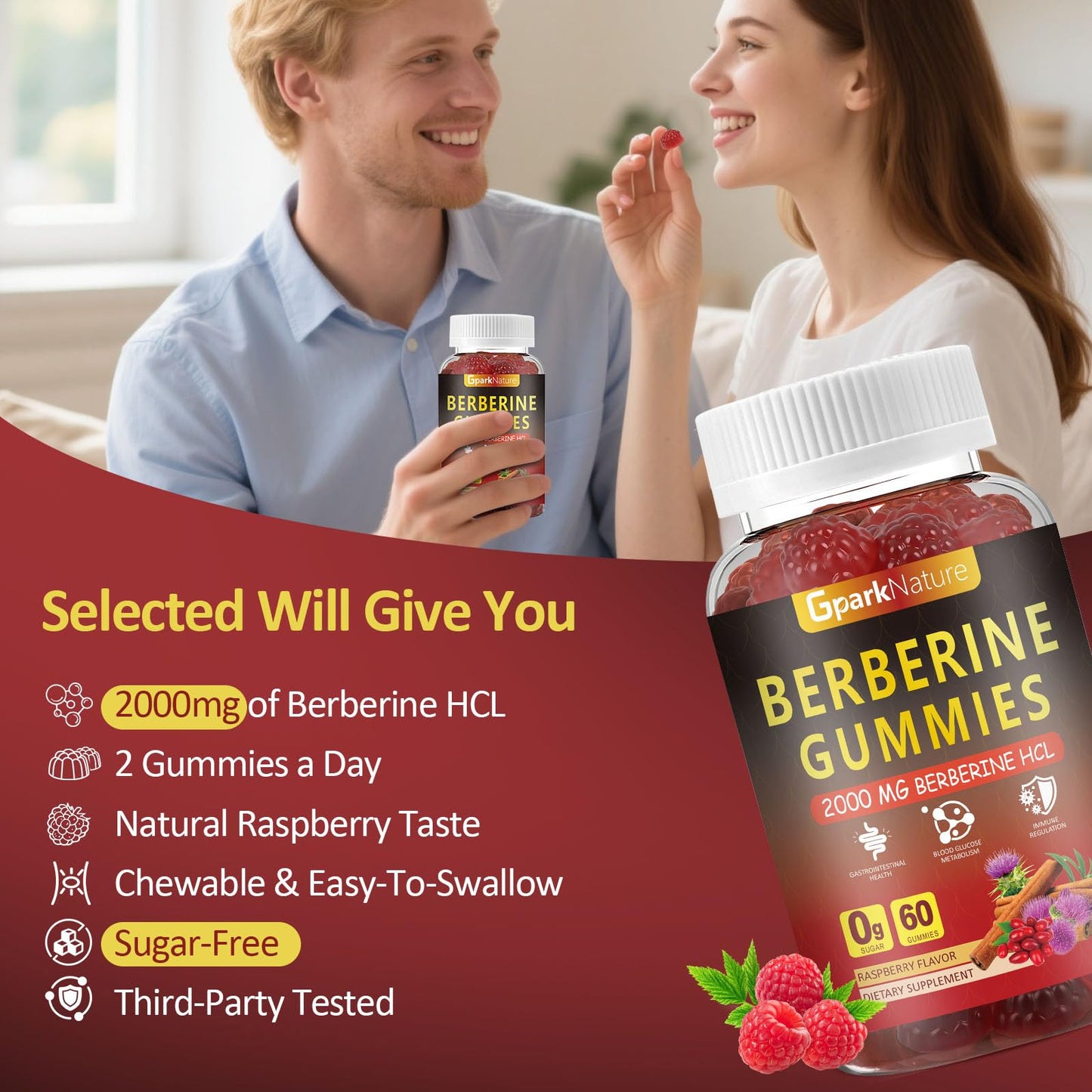 Berberine Gummies 2000 mg, Berberine Supplement with Ceylon Cinnamon, Turmeric, Milk Thistle, Magnesium, Chromium for Immune Support, Sugar Free, Vegan, Raspberry Flavor, 60 Count-1 Pack