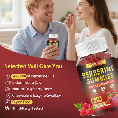 Berberine Gummies 2000 mg, Berberine Supplement with Ceylon Cinnamon, Turmeric, Milk Thistle, Magnesium, Chromium for Immune Support, Sugar Free, Vegan, Raspberry Flavor, 60 Count-1 Pack