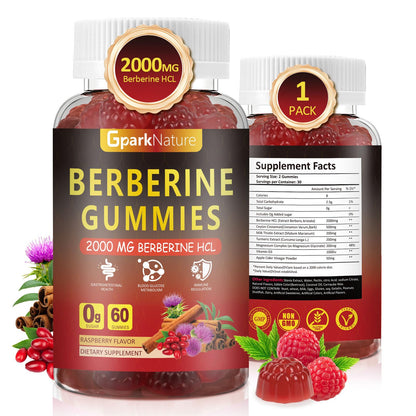 Berberine Gummies 2000 mg, Berberine Supplement with Ceylon Cinnamon, Turmeric, Milk Thistle, Magnesium, Chromium for Immune Support, Sugar Free, Vegan, Raspberry Flavor, 60 Count-1 Pack