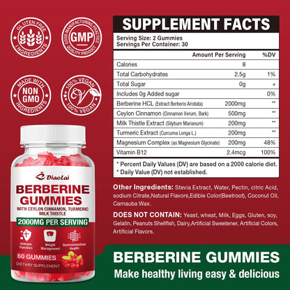 Berberine Gummies 2000mg HCL – Vegan, Non-GMO, Gluten-Free | Raspberry 120 Count