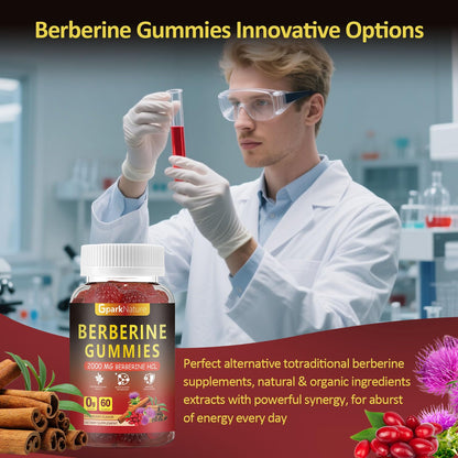 Berberine Gummies 2000 mg, Berberine Supplement with Ceylon Cinnamon, Turmeric, Milk Thistle, Magnesium, Chromium for Immune Support, Sugar Free, Vegan, Raspberry Flavor, 60 Count-1 Pack