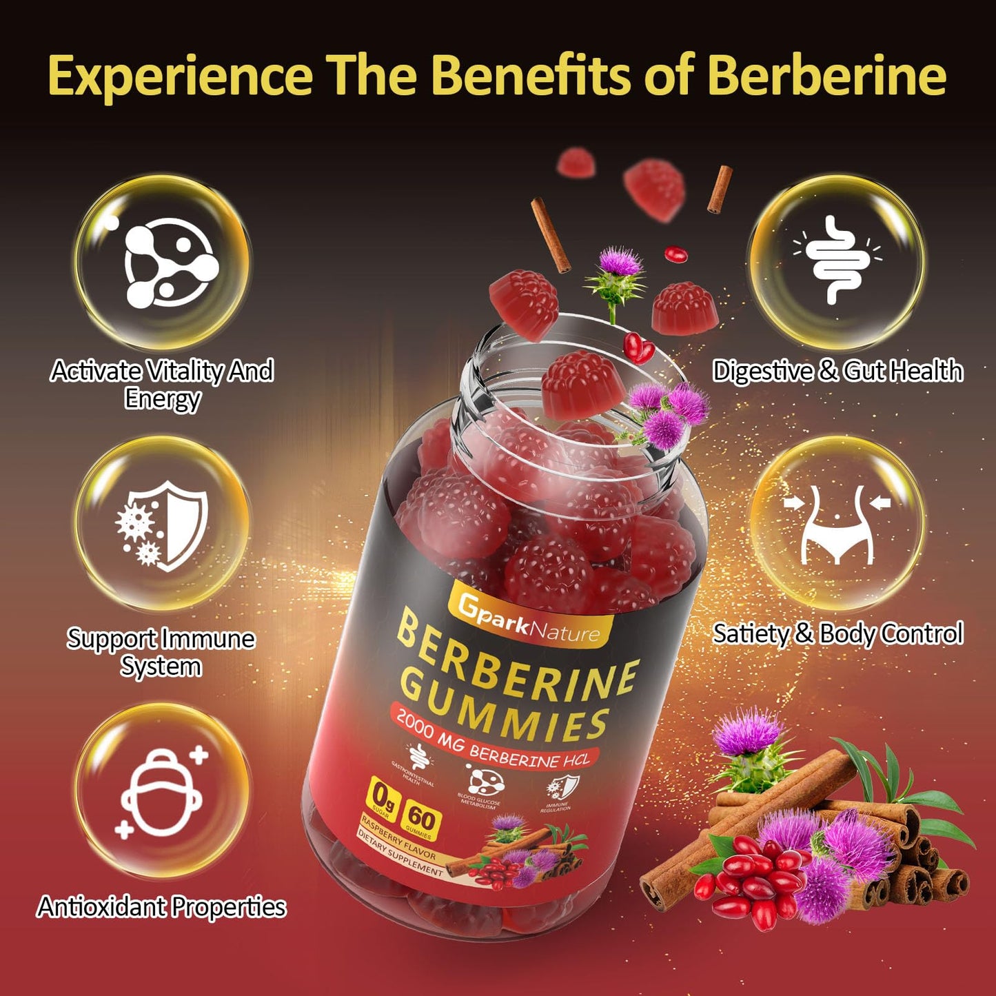 Berberine Gummies 2000 mg, Berberine Supplement with Ceylon Cinnamon, Turmeric, Milk Thistle, Magnesium, Chromium for Immune Support, Sugar Free, Vegan, Raspberry Flavor, 60 Count-1 Pack