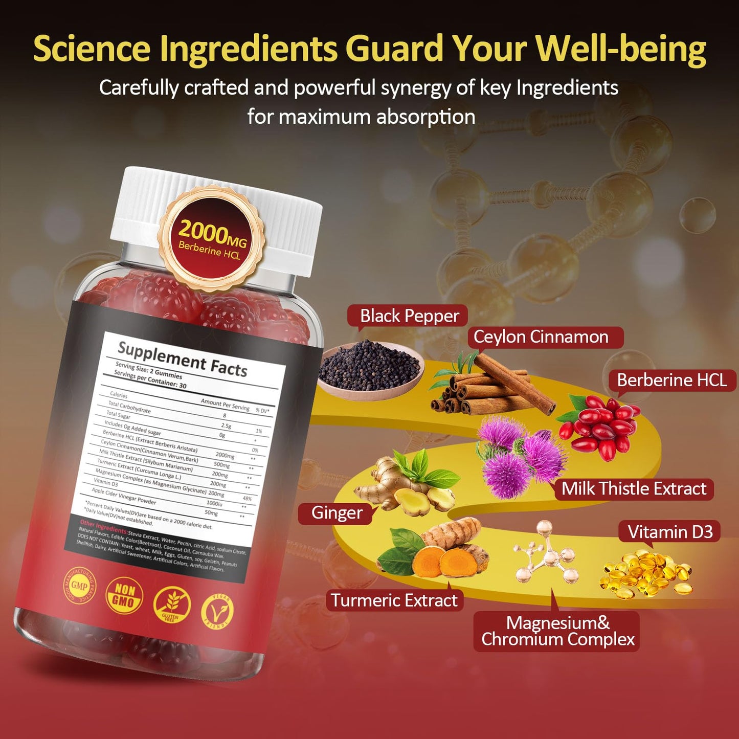 Berberine Gummies 2000 mg, Berberine Supplement with Ceylon Cinnamon, Turmeric, Milk Thistle, Magnesium, Chromium for Immune Support, Sugar Free, Vegan, Raspberry Flavor, 60 Count-1 Pack