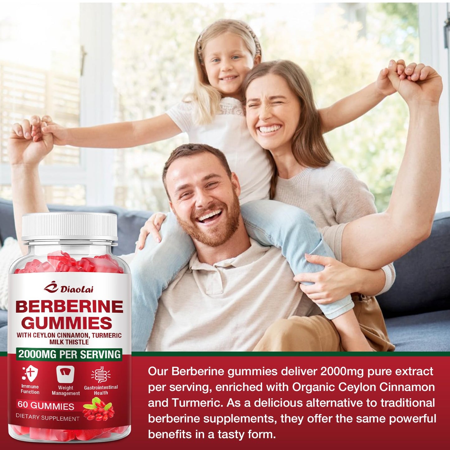 Berberine Gummies 2000mg HCL – Vegan, Non-GMO, Gluten-Free | Raspberry 120 Count