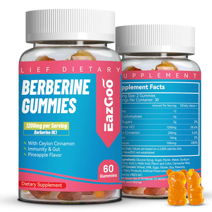 Berberine Gummies with Ceylon Cinnamon – 1200mg Berberine HCI, Metabolism & Energy Support, Vegan, Non-GMO, Gelatin-Free, 60 Count