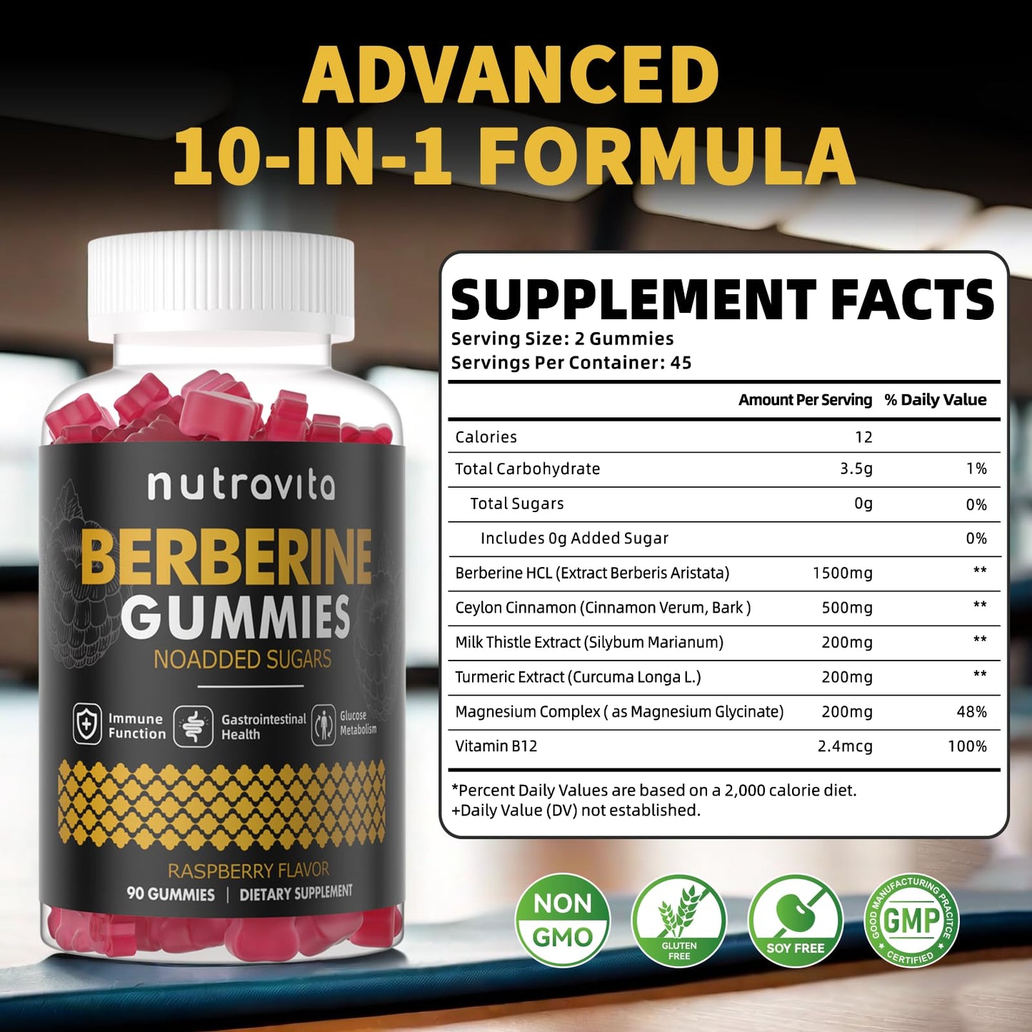 Nutravita Berberine Gummies 1500mg HCL + Ceylon Cinnamon – Sugar Free Raspberry 2-Pack
