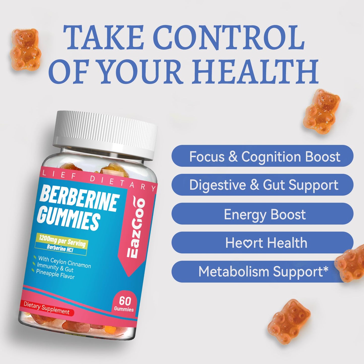 Berberine Gummies with Ceylon Cinnamon – 1200mg Berberine HCI, Metabolism & Energy Support, Vegan, Non-GMO, Gelatin-Free, 60 Count