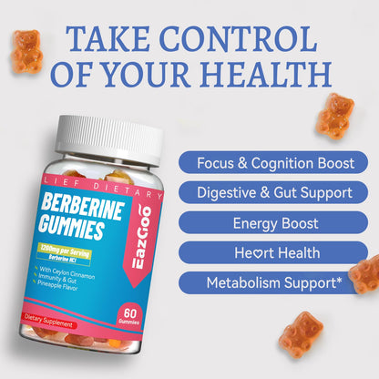 Berberine Gummies with Ceylon Cinnamon – 1200mg Berberine HCI, Metabolism & Energy Support, Vegan, Non-GMO, Gelatin-Free, 60 Count