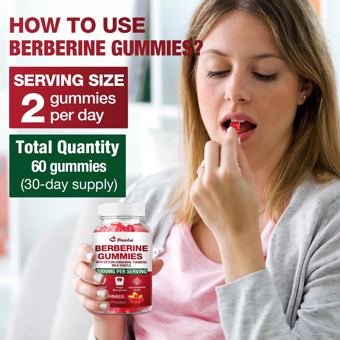 Berberine Gummies 2000mg HCL – Vegan, Non-GMO, Gluten-Free | Raspberry 120 Count