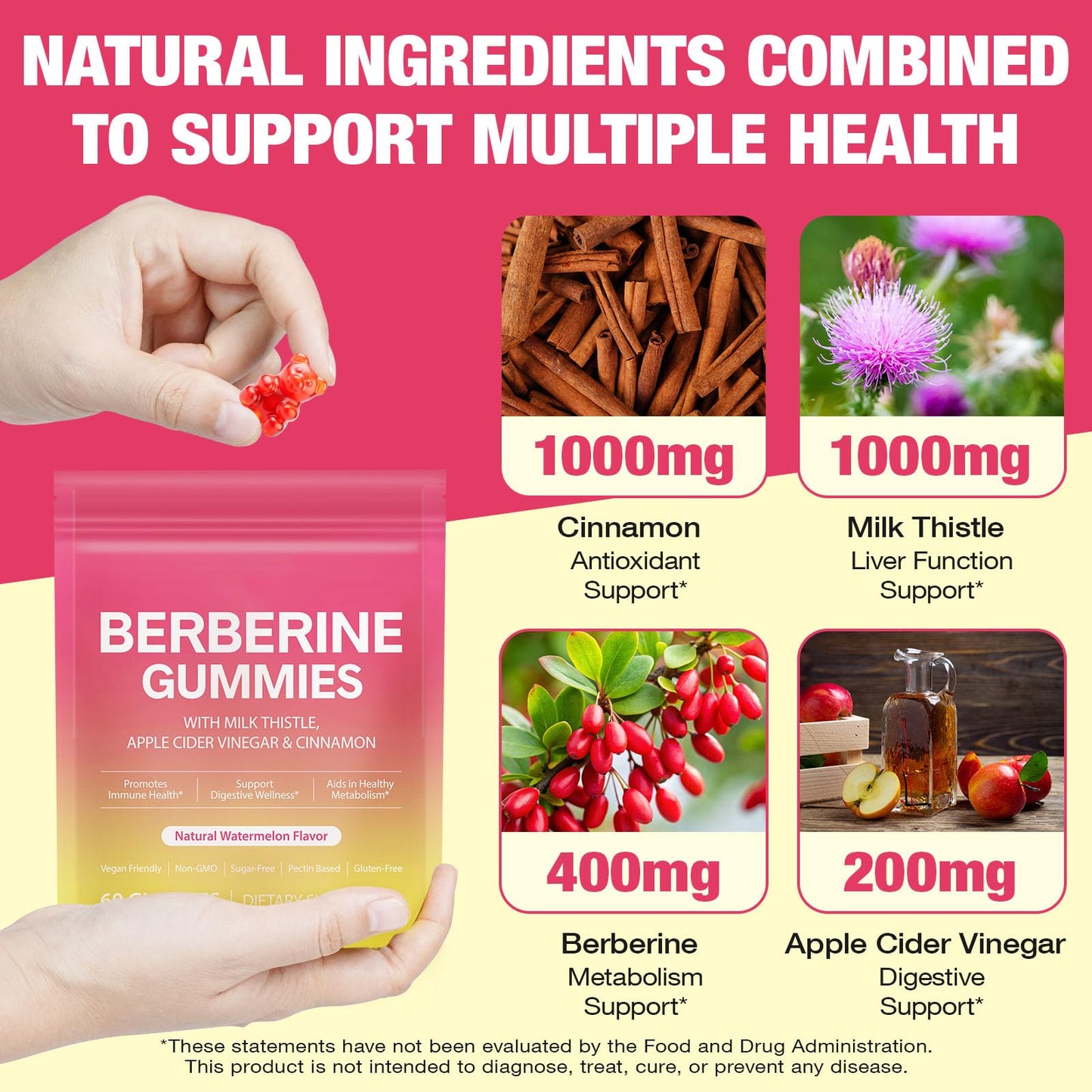CSDLQNF Berberine Gummies with Cinnamon & Milk Thistle – Sugar-Free Watermelon (60 Count)