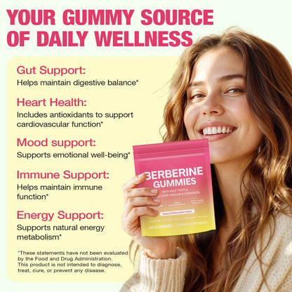 CSDLQNF Berberine Gummies with Cinnamon & Milk Thistle – Sugar-Free Watermelon (60 Count)