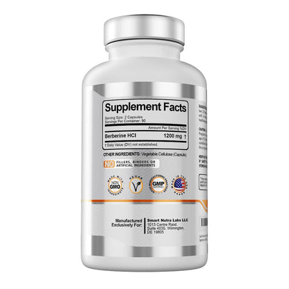 Smart Nutra Labs Berberine HCL 1200mg - 180 Vegan Capsules | Non-GMO, Gluten Free