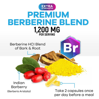 Berberine HCL 1200mg - High Absorption Capsule for Heart Health & Immune Support | Vegan, Gluten-Free, Non-GMO | 120 Veggie Capsules