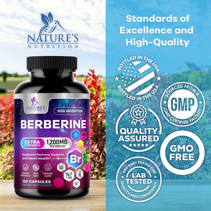 Berberine HCL 1200mg - High Absorption Capsule for Heart Health & Immune Support | Vegan, Gluten-Free, Non-GMO | 120 Veggie Capsules