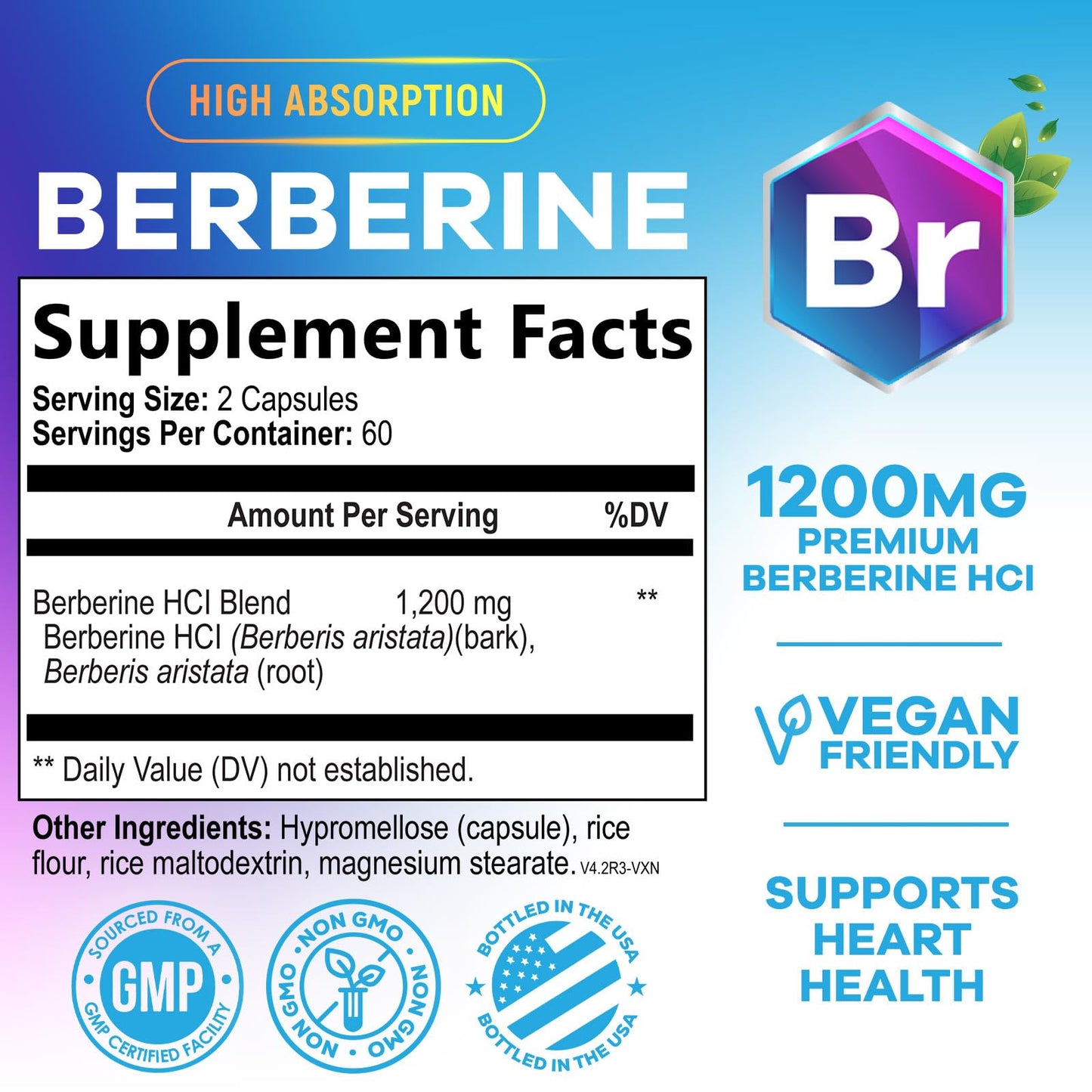 Berberine HCL 1200mg - High Absorption Capsule for Heart Health & Immune Support | Vegan, Gluten-Free, Non-GMO | 120 Veggie Capsules