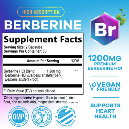 Berberine HCL 1200mg - High Absorption Capsule for Heart Health & Immune Support | Vegan, Gluten-Free, Non-GMO | 120 Veggie Capsules