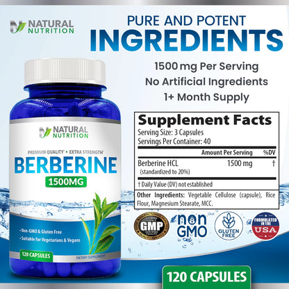 Natural Berberine HCL Extra Strength 1500mg - 120 Capsules | Gluten Free & Non-GMO