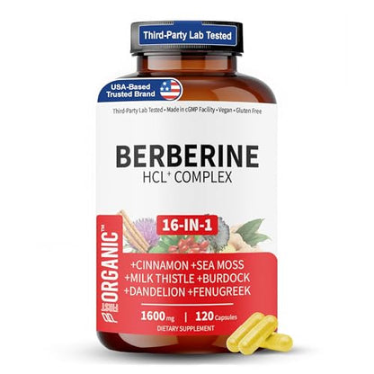 Berberine HCL Metabolic Guard+ Complex 1600mg - 120 Caps | 16-in-1 Herbal Cardiovascular & Liver & Gut Support