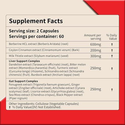 Berberine HCL Metabolic Guard+ Complex 1600mg - 120 Caps | 16-in-1 Herbal Cardiovascular & Liver & Gut Support