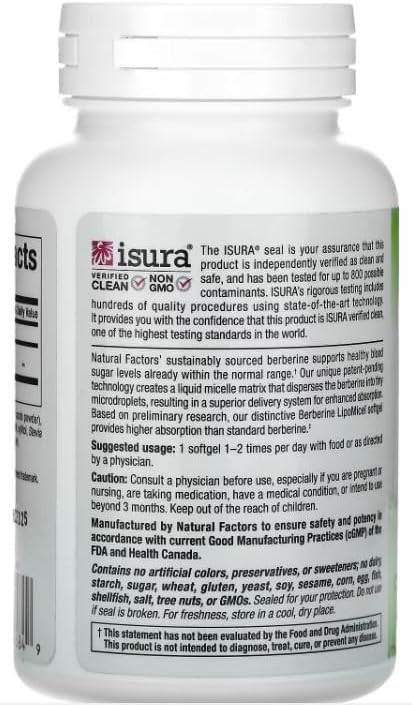 Natural Factors Berberine LipoMicel Matrix – 500 mg per Capsule, 60 Liquid Softgels
