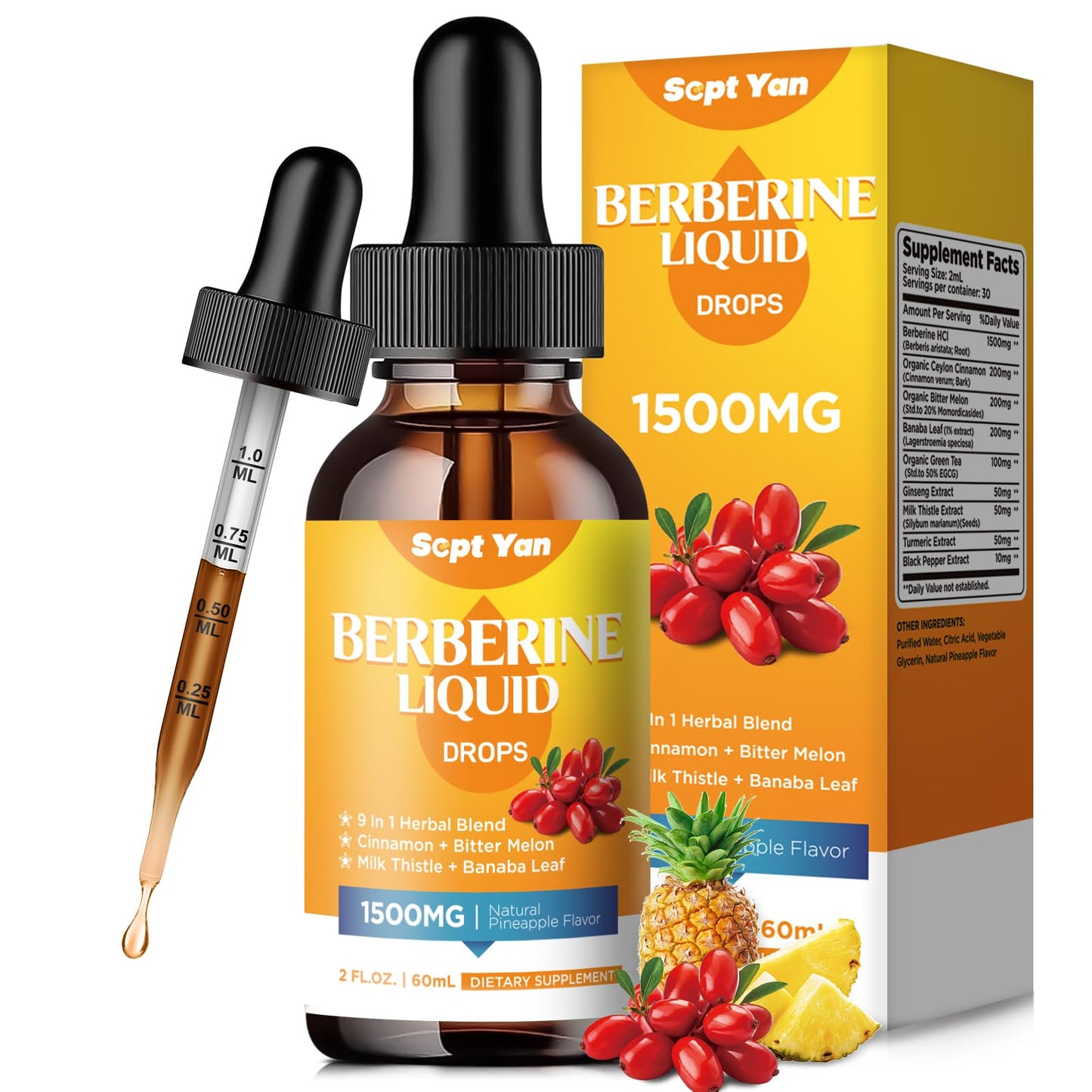 Berberine Liquid Drops 1500mg with Cinnamon & Pineapple Flavor – 2 Fl Oz