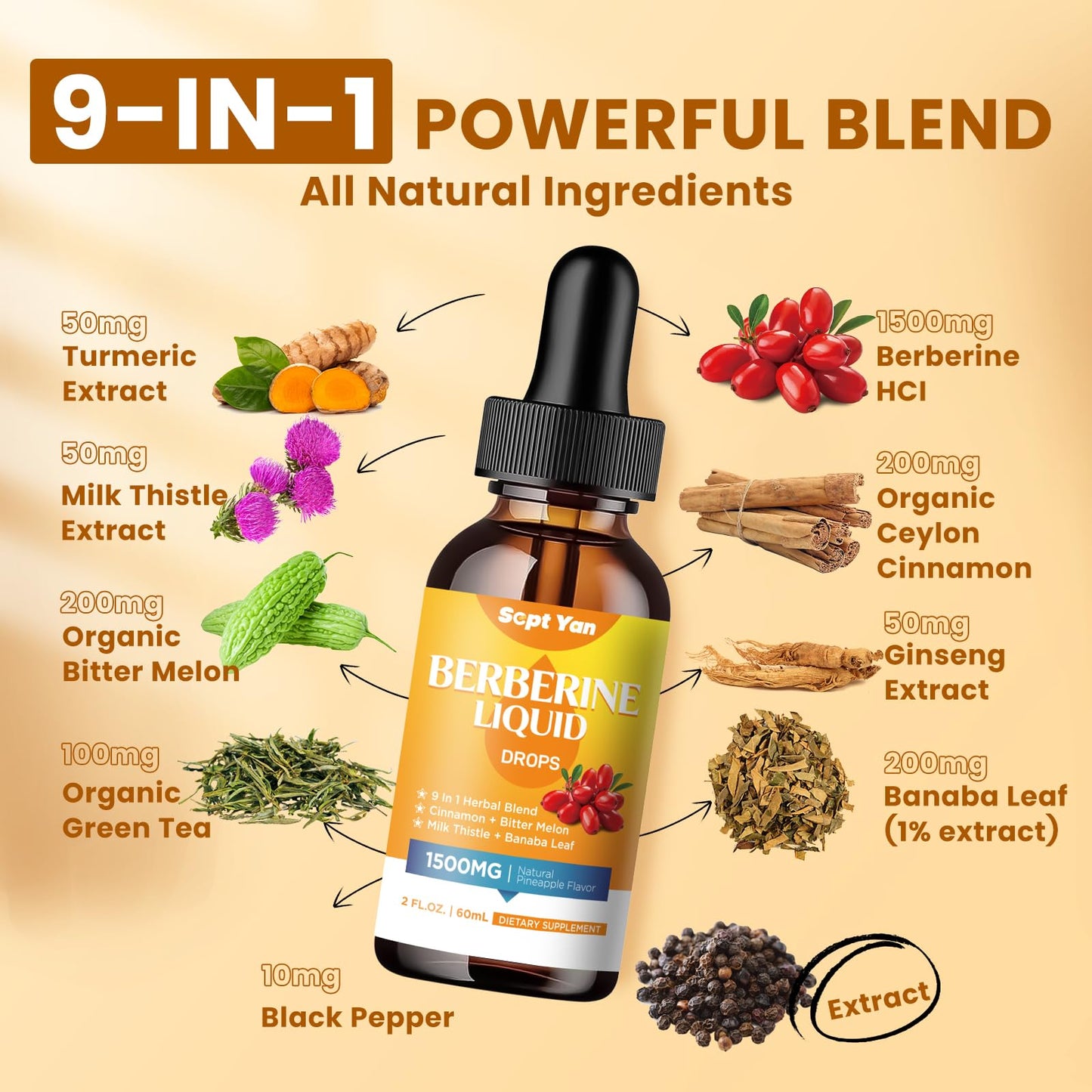 Berberine Liquid Drops 1500mg with Cinnamon & Pineapple Flavor – 2 Fl Oz