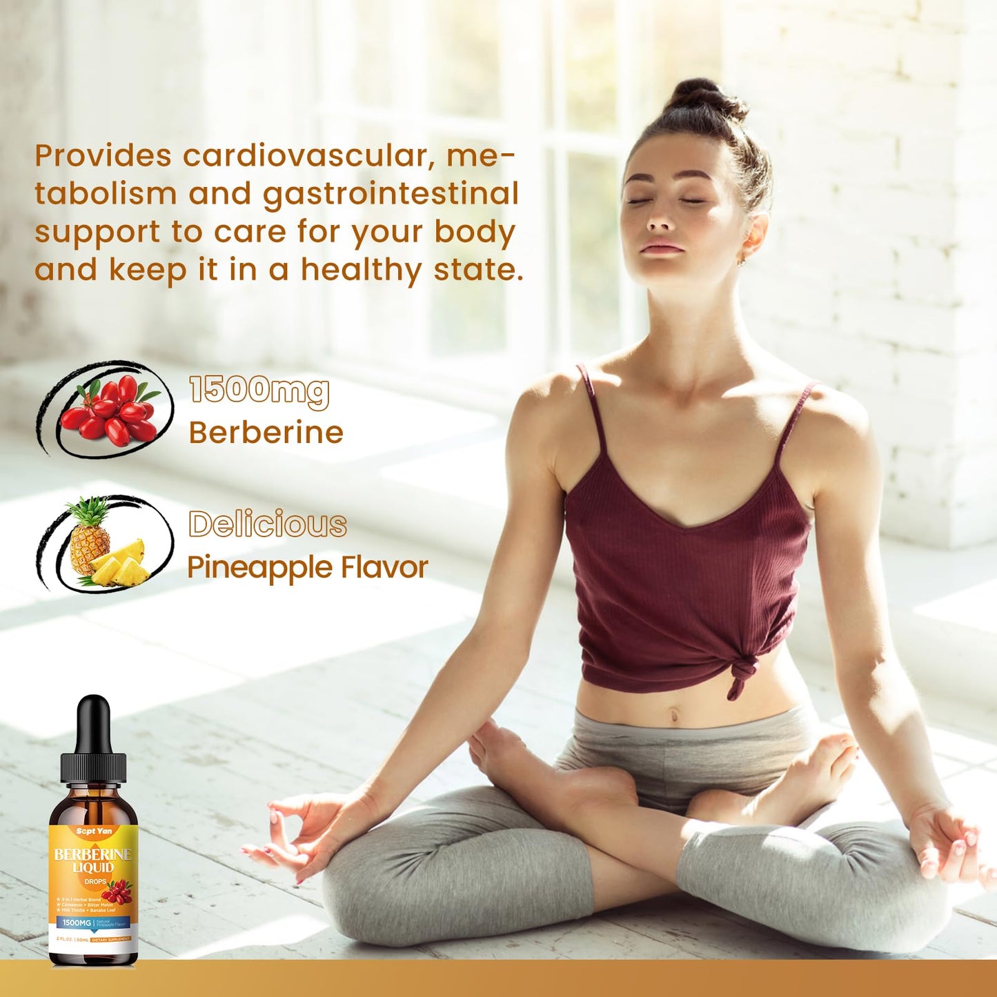 Berberine Liquid Drops 1500mg with Cinnamon & Pineapple Flavor – 2 Fl Oz