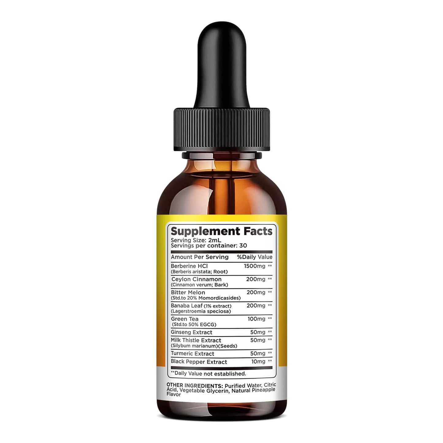 Berberine Liquid Drops 1500mg with Cinnamon & Pineapple Flavor – 2 Fl Oz