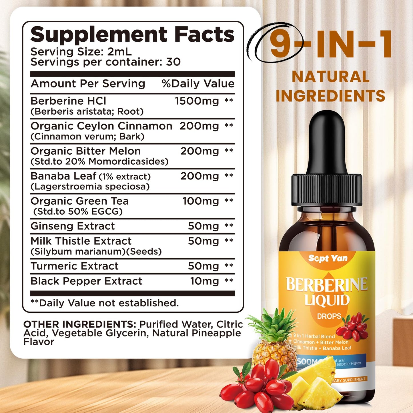 Berberine Liquid Drops 1500mg with Cinnamon & Pineapple Flavor – 2 Fl Oz