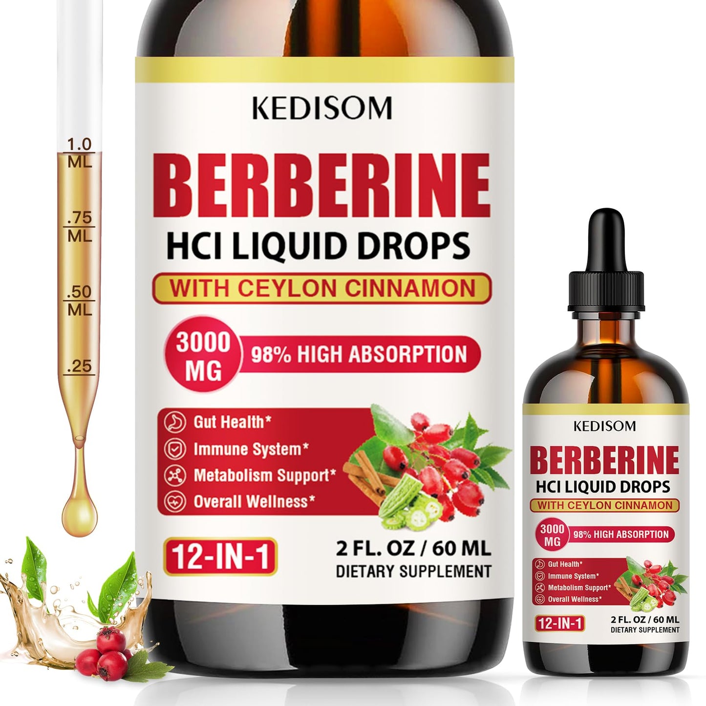 12-in-1 Berberine Liquid Drops – 2 Fl Oz, 3000mg Liposomal Berberine HCL with Cinnamon & Turmeric