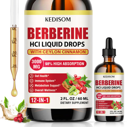 12-in-1 Berberine Liquid Drops – 2 Fl Oz, 3000mg Liposomal Berberine HCL with Cinnamon & Turmeric